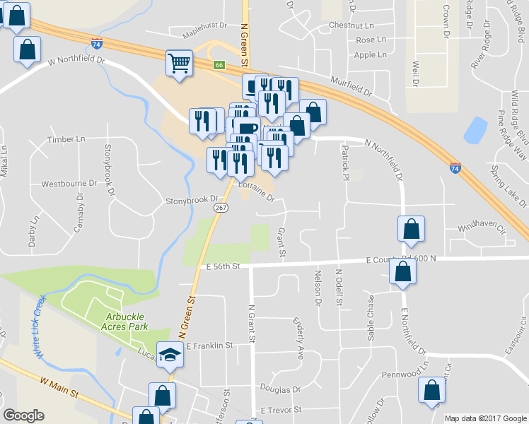 map of restaurants, bars, coffee shops, grocery stores, and more near 726 Greenridge Parkway in Brownsburg