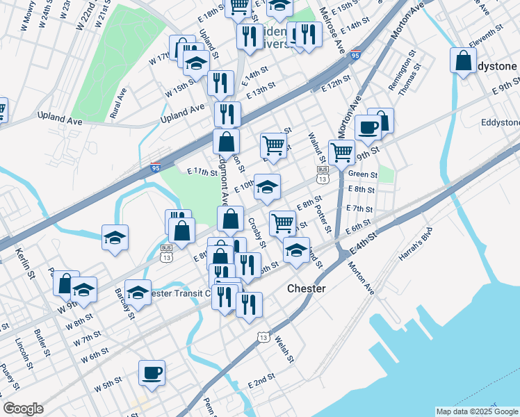 map of restaurants, bars, coffee shops, grocery stores, and more near 882 Madison Street in Chester