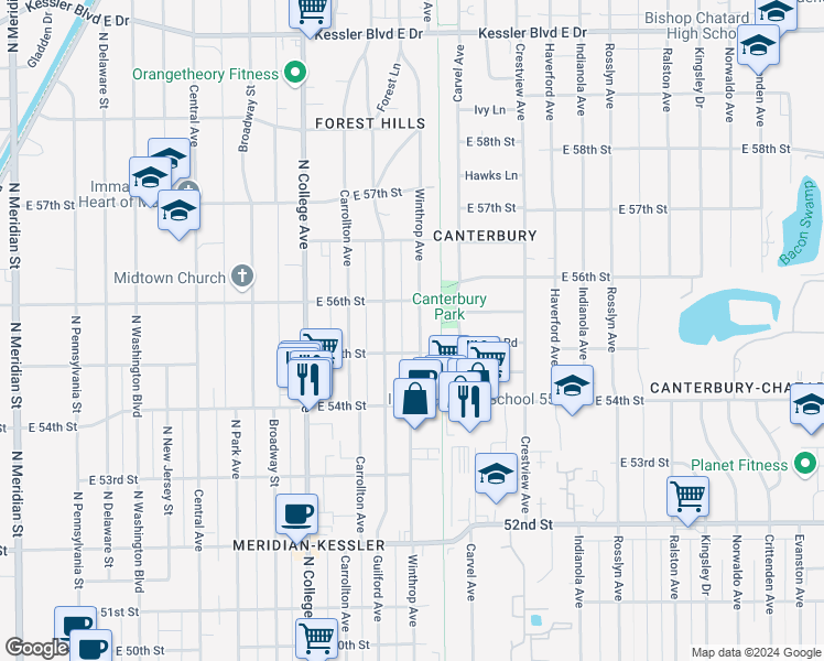 map of restaurants, bars, coffee shops, grocery stores, and more near 5524 Winthrop Avenue in Indianapolis