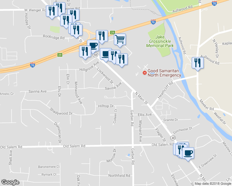 map of restaurants, bars, coffee shops, grocery stores, and more near 6904 Lockwood Street in Dayton