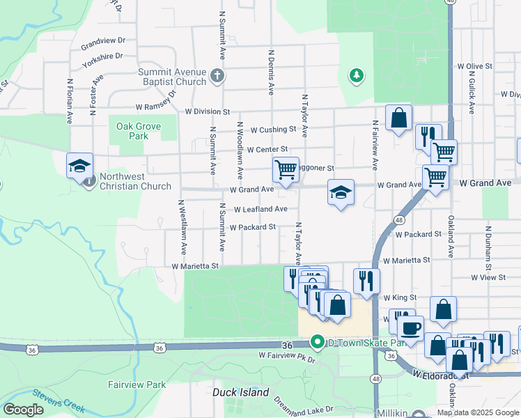 map of restaurants, bars, coffee shops, grocery stores, and more near 1200 North Dennis Avenue in Decatur