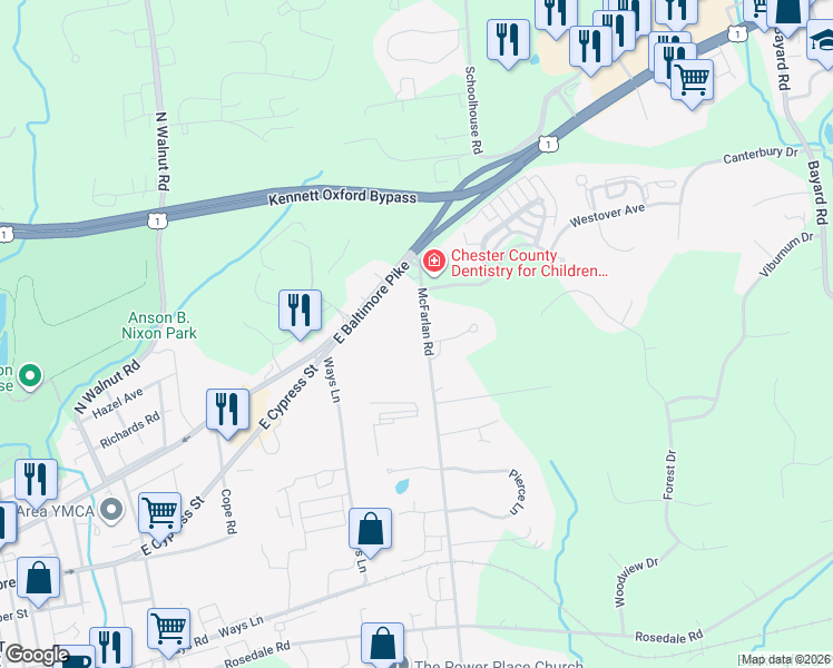 map of restaurants, bars, coffee shops, grocery stores, and more near 410 McFarlan Road in Kennett Square