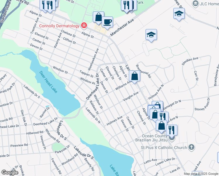 map of restaurants, bars, coffee shops, grocery stores, and more near 623 Center Street in Lacey Township