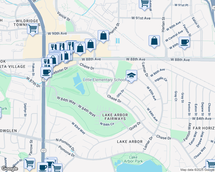 map of restaurants, bars, coffee shops, grocery stores, and more near 8727 Chase Drive in Arvada