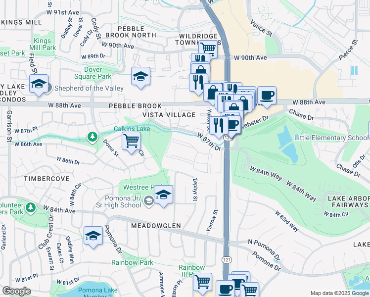 map of restaurants, bars, coffee shops, grocery stores, and more near 7770 West 87th Drive in Arvada
