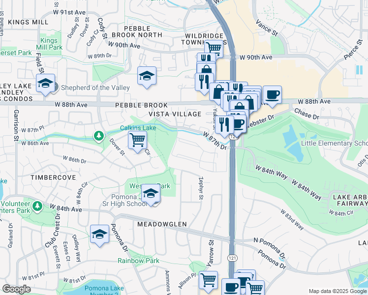 map of restaurants, bars, coffee shops, grocery stores, and more near 7770 West 87th Drive in Arvada