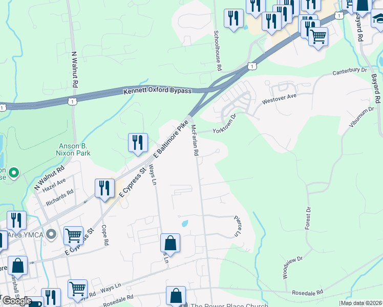 map of restaurants, bars, coffee shops, grocery stores, and more near 410 McFarlan Road in Kennett Square