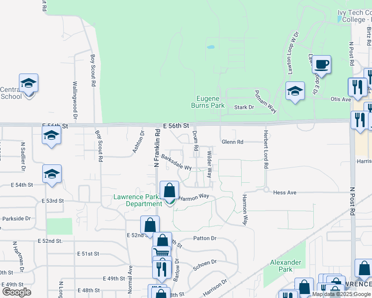 map of restaurants, bars, coffee shops, grocery stores, and more near 8106 Buford Street in Indianapolis