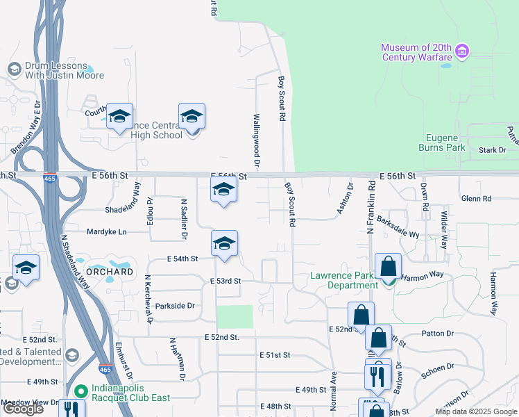 map of restaurants, bars, coffee shops, grocery stores, and more near 7627 Vintage Court in Lawrence