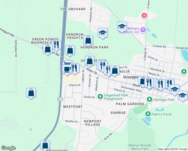 map of restaurants, bars, coffee shops, grocery stores, and more near 177 Main Street in Groveport