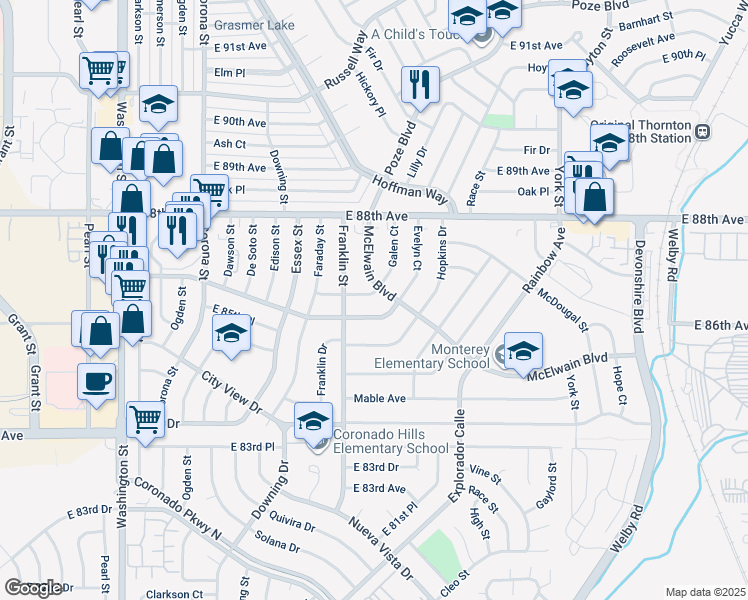 map of restaurants, bars, coffee shops, grocery stores, and more near 1680 East 86th Place in Denver