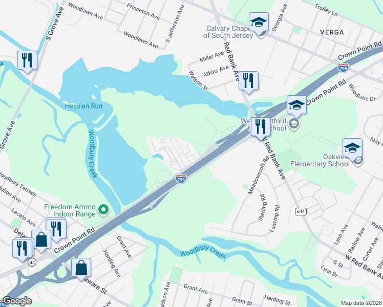 map of restaurants, bars, coffee shops, grocery stores, and more near 1762 Crown Point Road in West Deptford