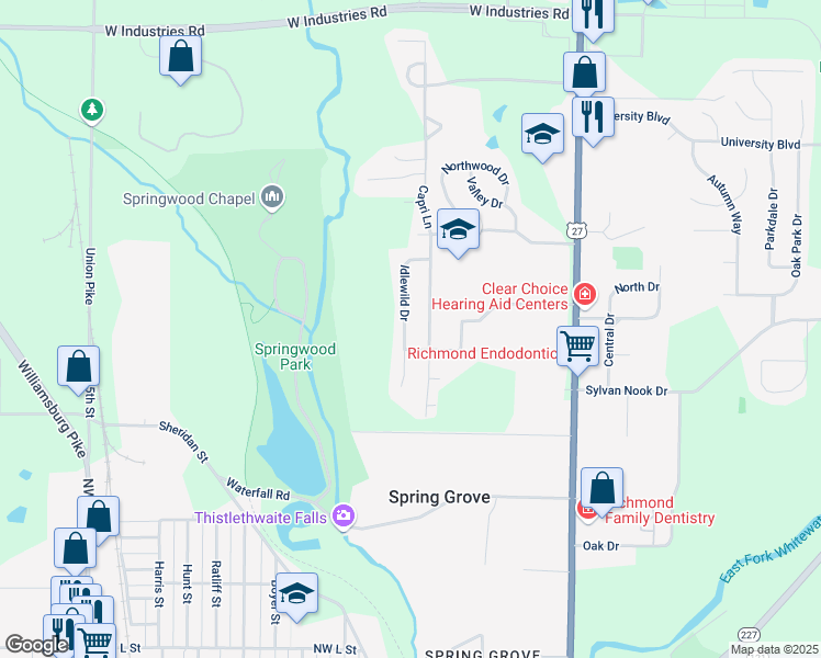 map of restaurants, bars, coffee shops, grocery stores, and more near 1641 Idlewild Drive in Richmond