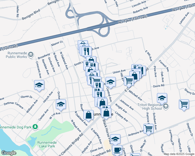 map of restaurants, bars, coffee shops, grocery stores, and more near 15 East 5th Avenue in Runnemede