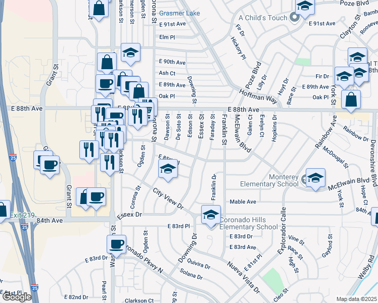 map of restaurants, bars, coffee shops, grocery stores, and more near 8640 Edison Street in Denver