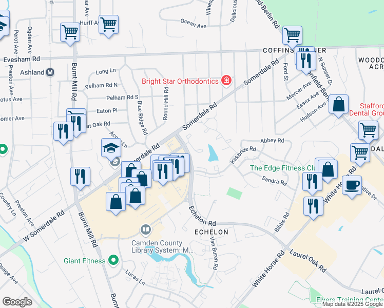 map of restaurants, bars, coffee shops, grocery stores, and more near 149 Echelon Road in Voorhees Township