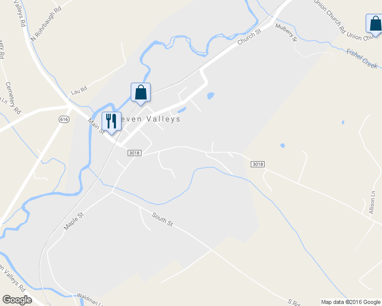 map of restaurants, bars, coffee shops, grocery stores, and more near 118 Main Street in Seven Valleys