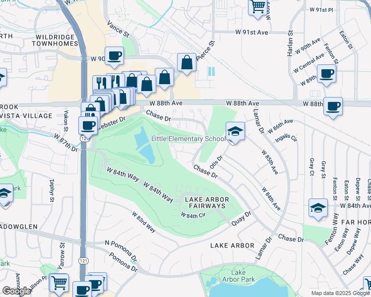 map of restaurants, bars, coffee shops, grocery stores, and more near 6926 West 87th Way in Arvada