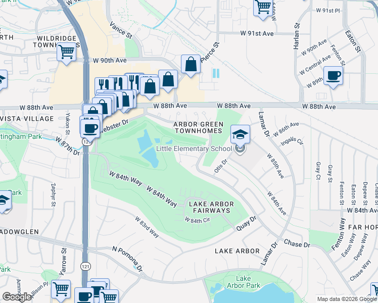 map of restaurants, bars, coffee shops, grocery stores, and more near 6946 West 87th Way in Arvada