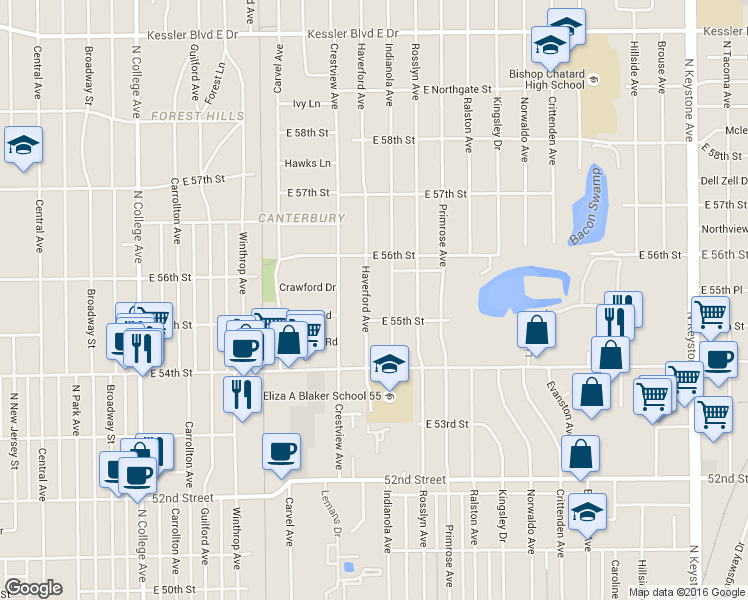 map of restaurants, bars, coffee shops, grocery stores, and more near 5511 Haverford Avenue in Indianapolis
