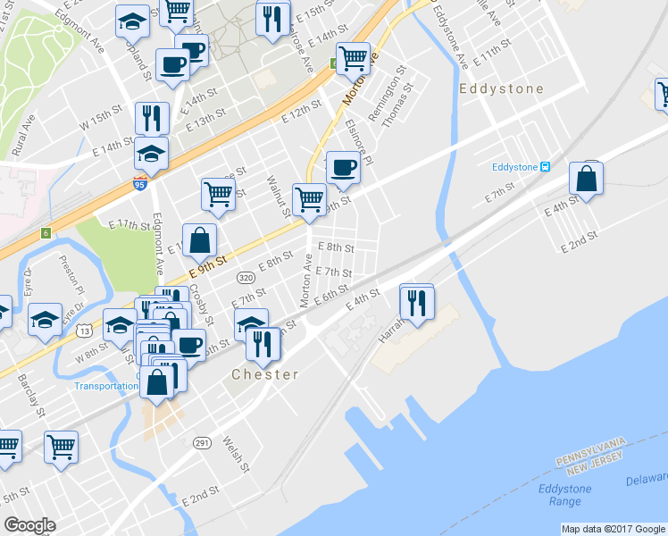map of restaurants, bars, coffee shops, grocery stores, and more near 701 McIlvain Street in Chester