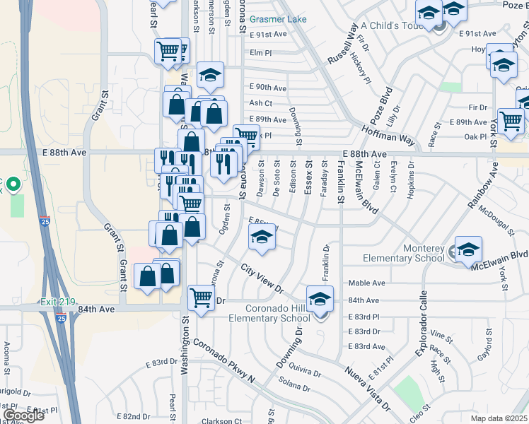 map of restaurants, bars, coffee shops, grocery stores, and more near 1210 Sheldon Drive in Denver