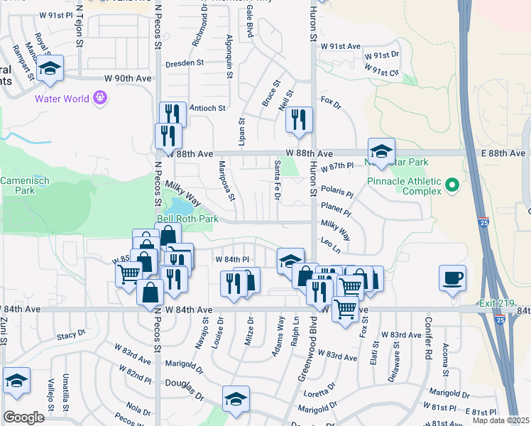 map of restaurants, bars, coffee shops, grocery stores, and more near 1075 Milky Way in Thornton