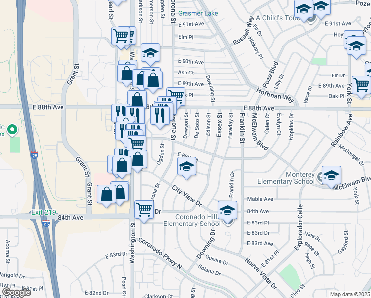 map of restaurants, bars, coffee shops, grocery stores, and more near 1210 Sheldon Drive in Denver