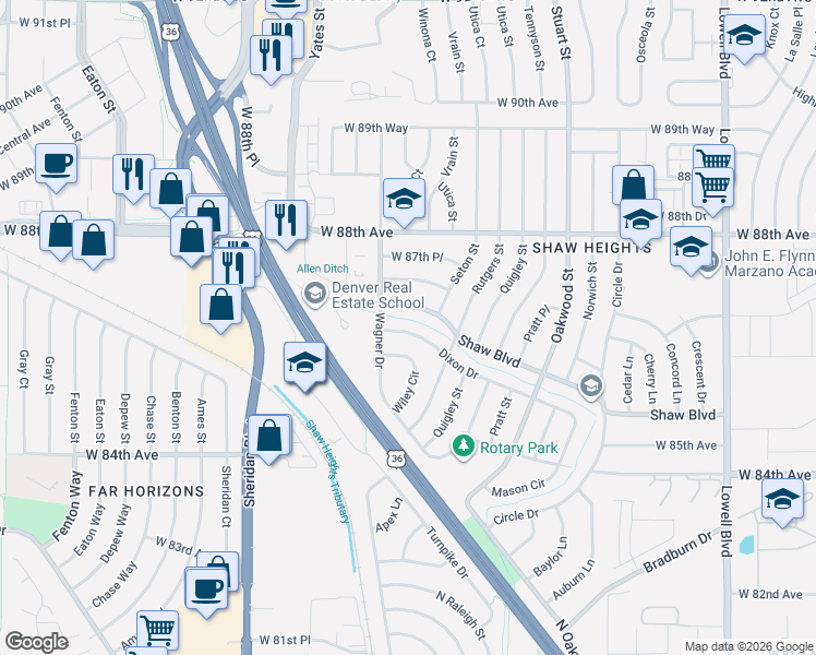 map of restaurants, bars, coffee shops, grocery stores, and more near 4641 Dixon Drive in Westminster
