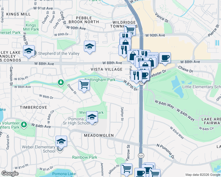 map of restaurants, bars, coffee shops, grocery stores, and more near 7770 West 87th Drive in Arvada
