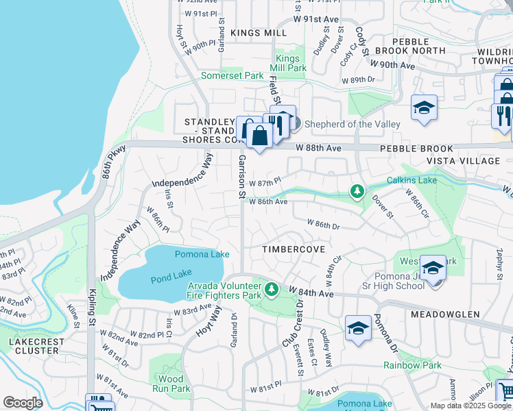 map of restaurants, bars, coffee shops, grocery stores, and more near 8592 Field Court in Arvada