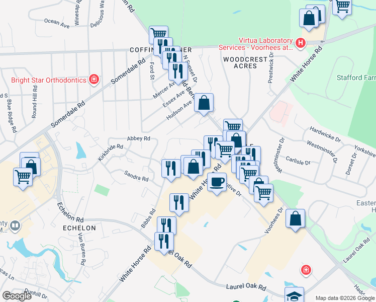 map of restaurants, bars, coffee shops, grocery stores, and more near 23 Franklin Place in Voorhees Township