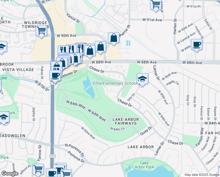 map of restaurants, bars, coffee shops, grocery stores, and more near 6946 West 87th Way in Arvada