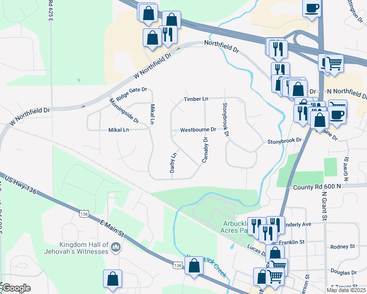 map of restaurants, bars, coffee shops, grocery stores, and more near 150 Timber Lane in Brownsburg