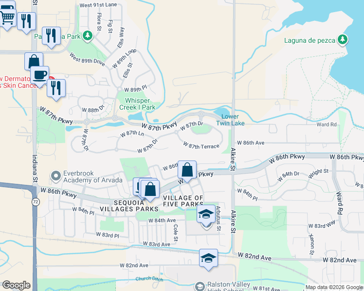 map of restaurants, bars, coffee shops, grocery stores, and more near 8704 Deframe Court in Arvada