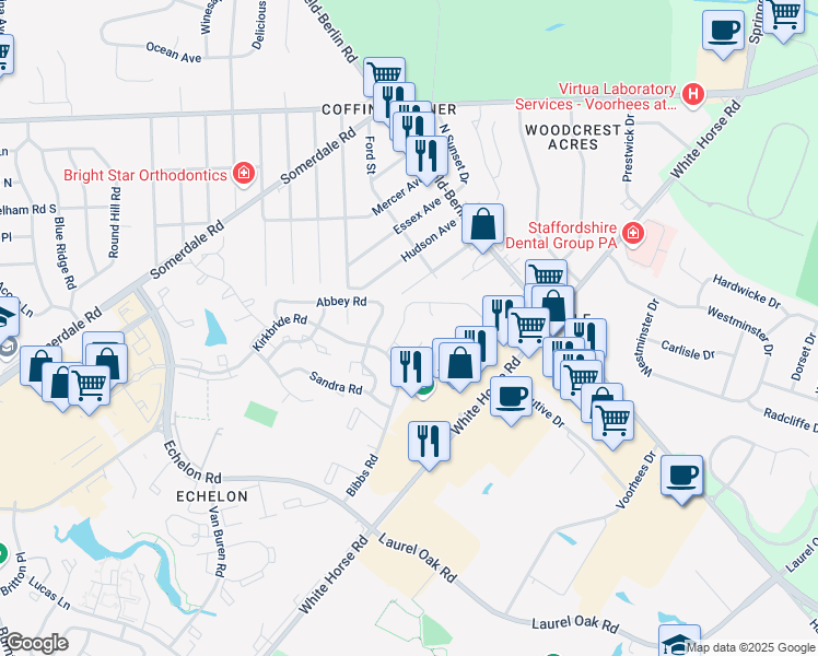 map of restaurants, bars, coffee shops, grocery stores, and more near 16 Franklin Drive in Voorhees Township