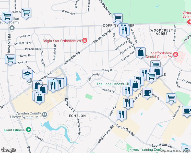 map of restaurants, bars, coffee shops, grocery stores, and more near 414 Gregorys Way in Voorhees Township