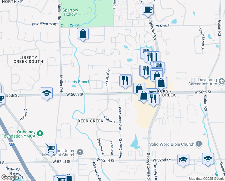map of restaurants, bars, coffee shops, grocery stores, and more near 4951 Peony Place in Indianapolis