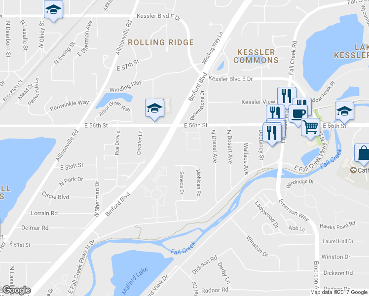 map of restaurants, bars, coffee shops, grocery stores, and more near 5506 Greenview Drive in Indianapolis