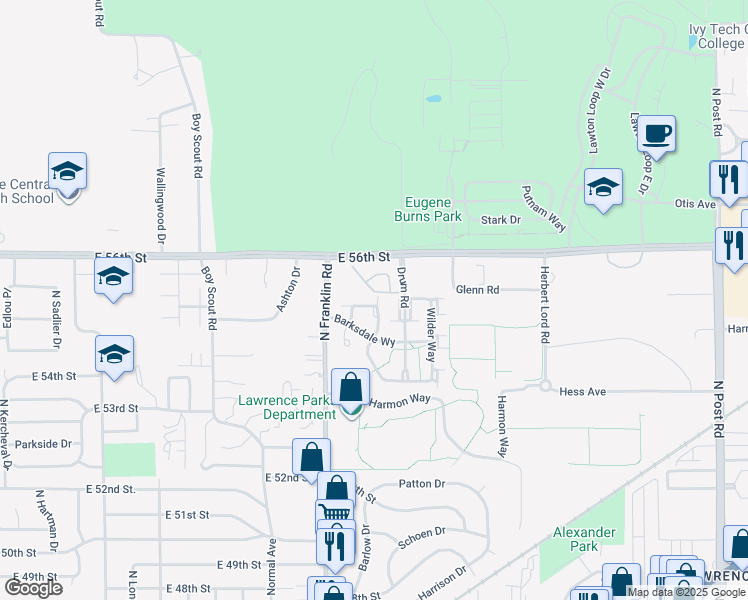 map of restaurants, bars, coffee shops, grocery stores, and more near 8106 Buford Street in Indianapolis
