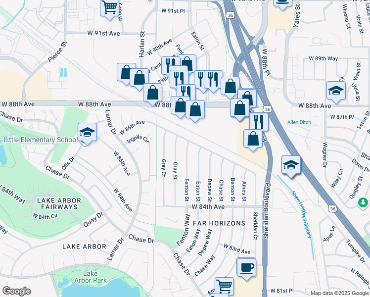 map of restaurants, bars, coffee shops, grocery stores, and more near 8579 Fenton Street in Arvada