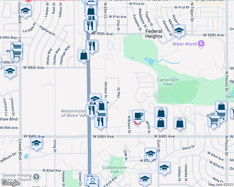 map of restaurants, bars, coffee shops, grocery stores, and more near 8645 Clay Street in Westminster