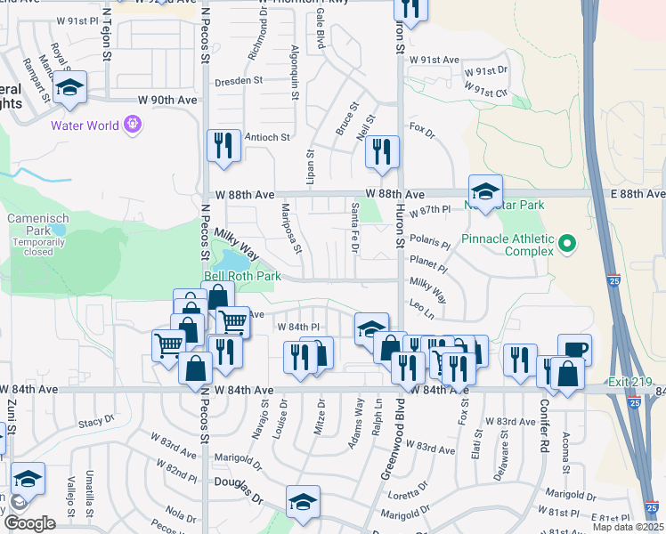 map of restaurants, bars, coffee shops, grocery stores, and more near 1075 Milky Way in Thornton
