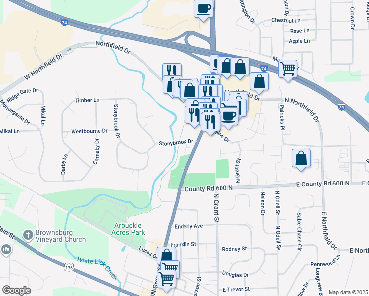 map of restaurants, bars, coffee shops, grocery stores, and more near Northridge Court in Brownsburg