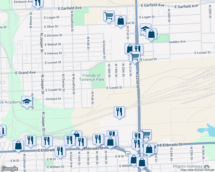 map of restaurants, bars, coffee shops, grocery stores, and more near 1800-1898 East Condit Street in Decatur