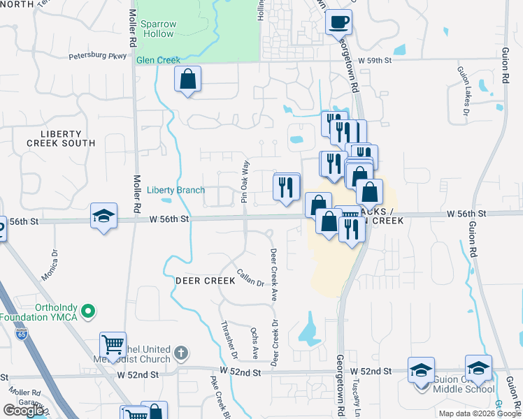 map of restaurants, bars, coffee shops, grocery stores, and more near 4951 Peony Place in Indianapolis