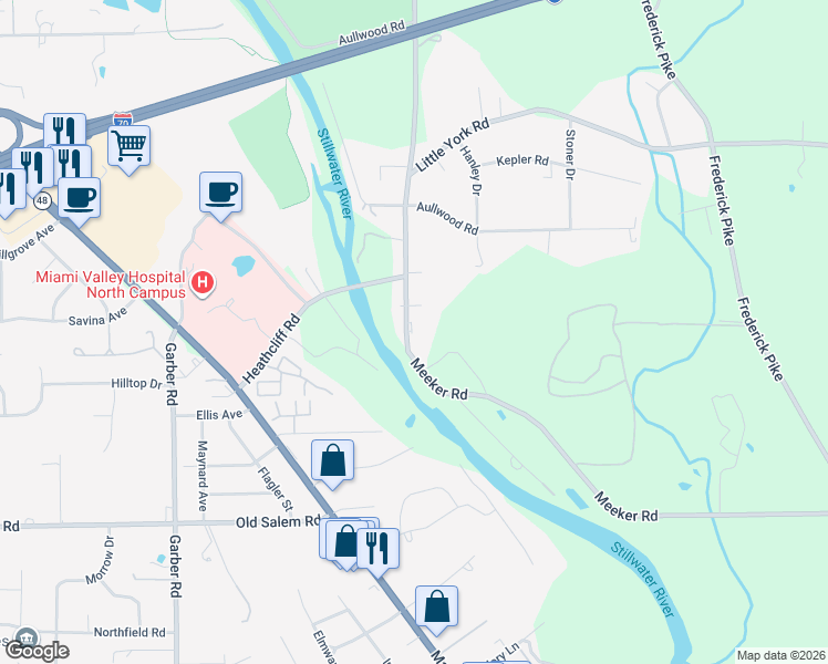 map of restaurants, bars, coffee shops, grocery stores, and more near 8542 Meeker Rd in Dayton