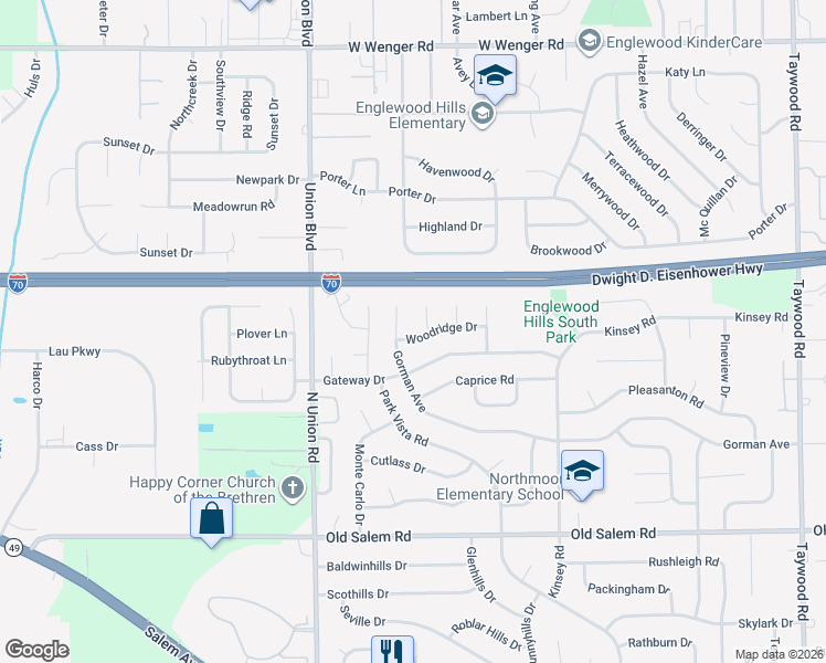map of restaurants, bars, coffee shops, grocery stores, and more near 4005 Woodridge Drive in Englewood
