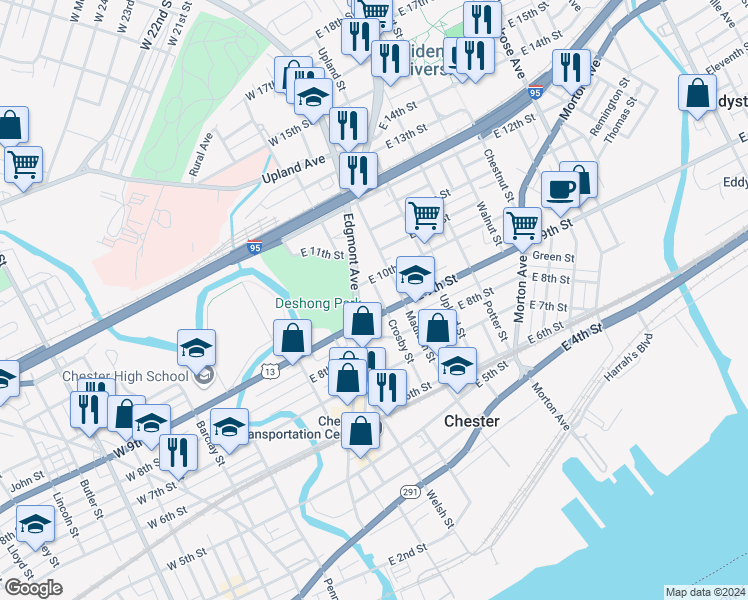 map of restaurants, bars, coffee shops, grocery stores, and more near 910 Crosby Street in Chester
