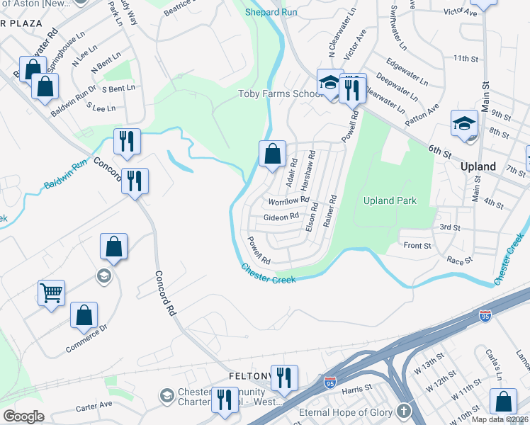 map of restaurants, bars, coffee shops, grocery stores, and more near 1421 Powell Road in Brookhaven